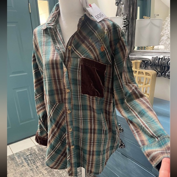 NWT Urban Outfitters BDG Patchwork Brown/Green Plaid Velvet Oversized Women’s M - Picture 3 of 13